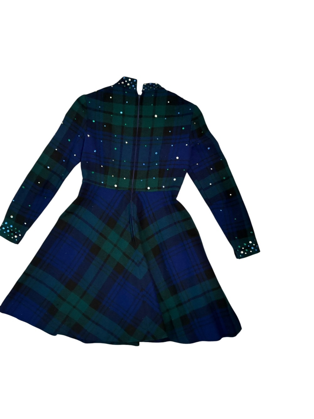 Vintage 1960s Wool Plaid Rhinestone Flare Mini Dress Tartan Pockets Neusteters - Picture 5 of 9